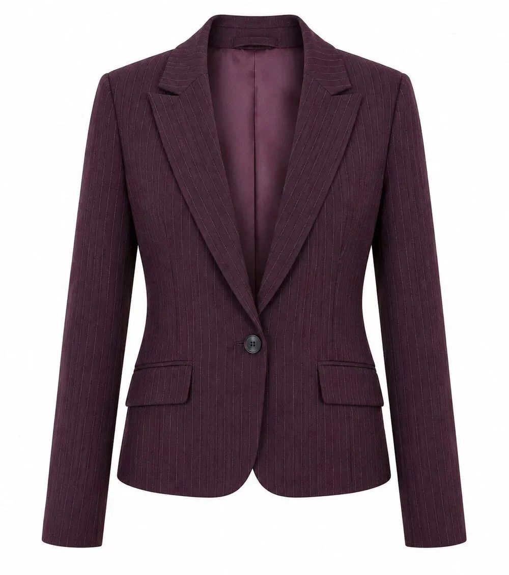 Apostrophe Blazer 12 Lined Textured Pinstripe Faux Pockets Eggplant Shoulder Pad